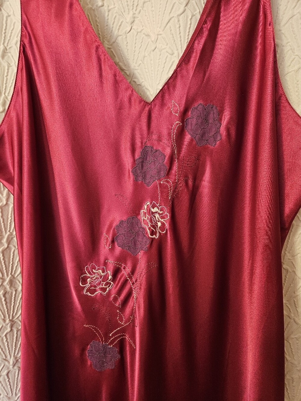 Silky V-Neck Burgundy Satin Slip Dress with Floral Embroidery - Picture 9 of 10